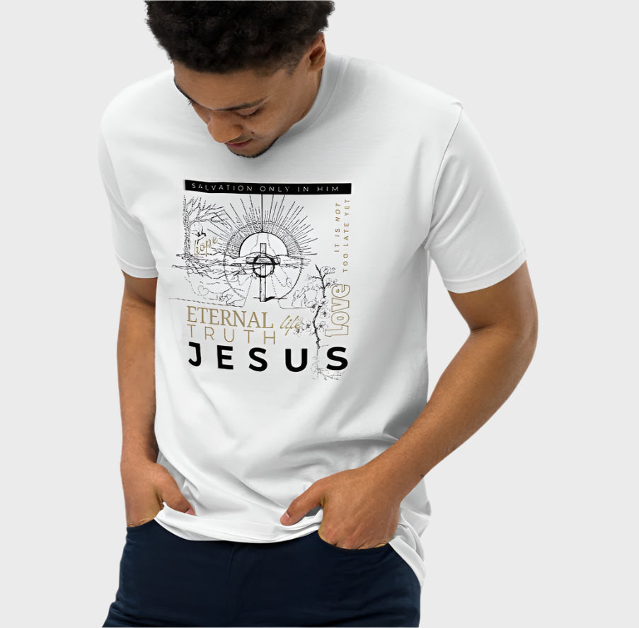 Salvation Only In Him | Christian men’s premium heavyweight tee
