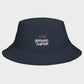 A black bucket hat with the text '100% genuine human' printed on the front.