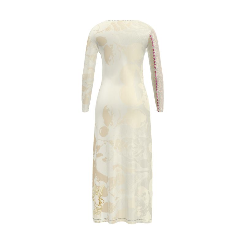 Long, light-colored dress with floral patterns on a white background