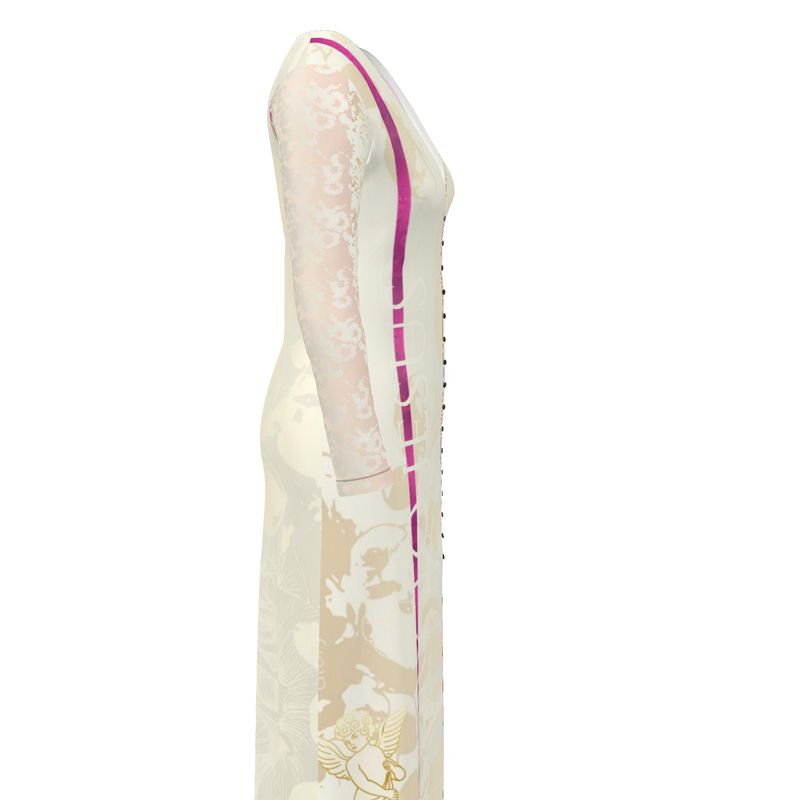 White dress with floral patterns and a pink stripe on a white background