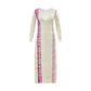 A long-sleeve maxi dress with a deep V-neck, featuring a cream-colored jacquard pattern with vertical magenta-pink stripes and white circular graphic details.