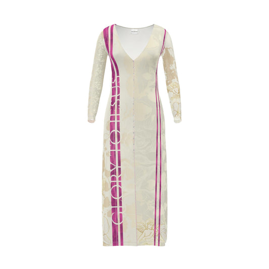 A long-sleeve maxi dress with a deep V-neck, featuring a cream-colored jacquard pattern with vertical magenta-pink stripes and white circular graphic details.