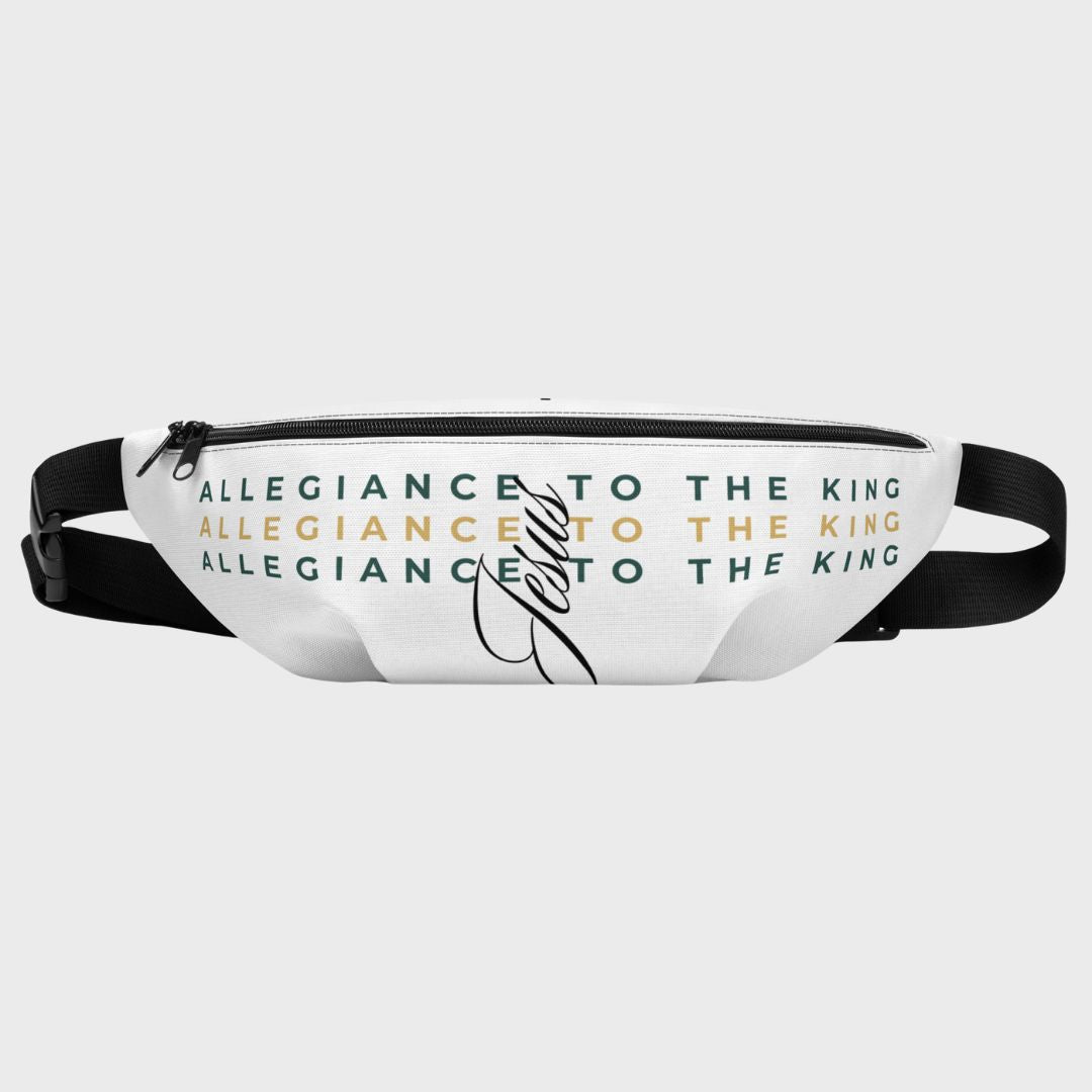 Fanny pack with 'Allegiance to the King' text on a white background