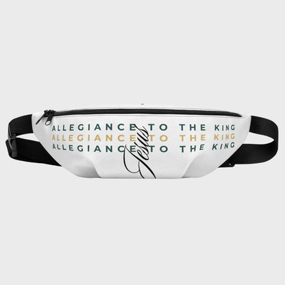 Fanny pack with 'Allegiance to the King' text on a white background