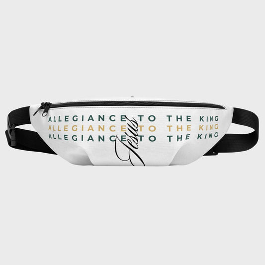 Fanny pack with 'Allegiance to the King' text on a white background