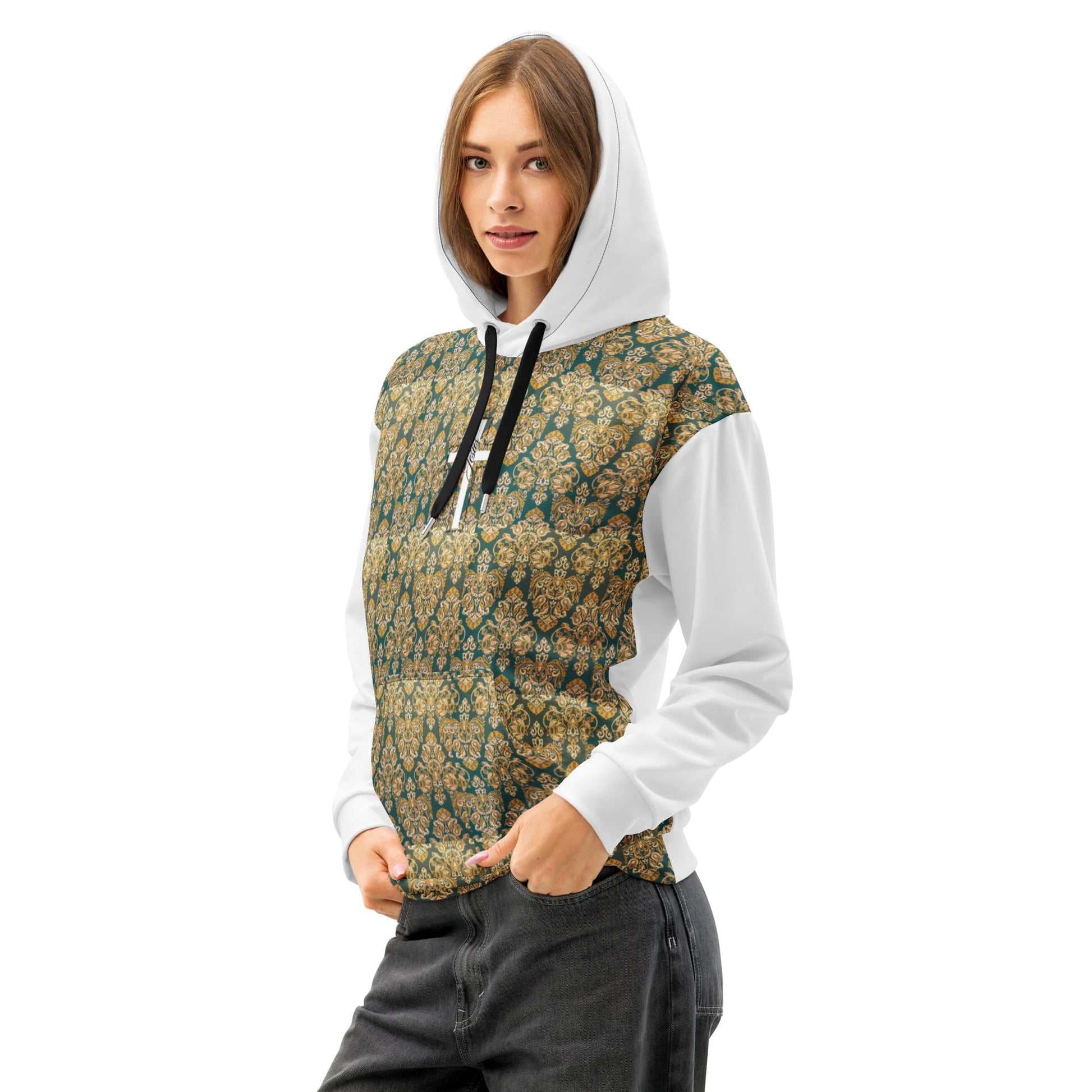 Young woman on plain background wearing an ornamented design hoodie 