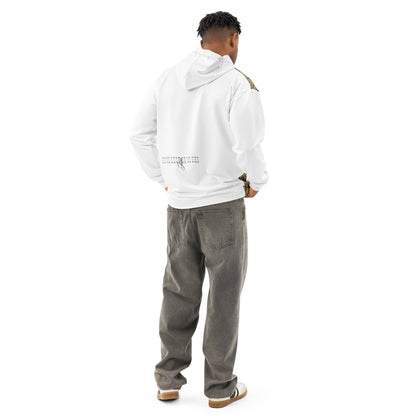 Man from behind wearing white hoodie with subtle text on plain background