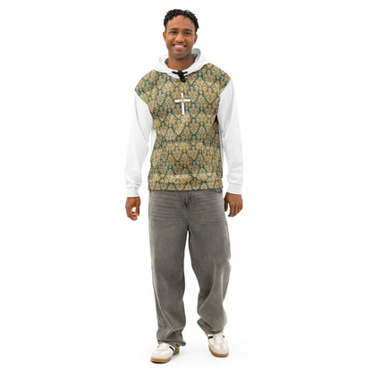 Man dressed in ornamented hoodie with Christian cross smiling 