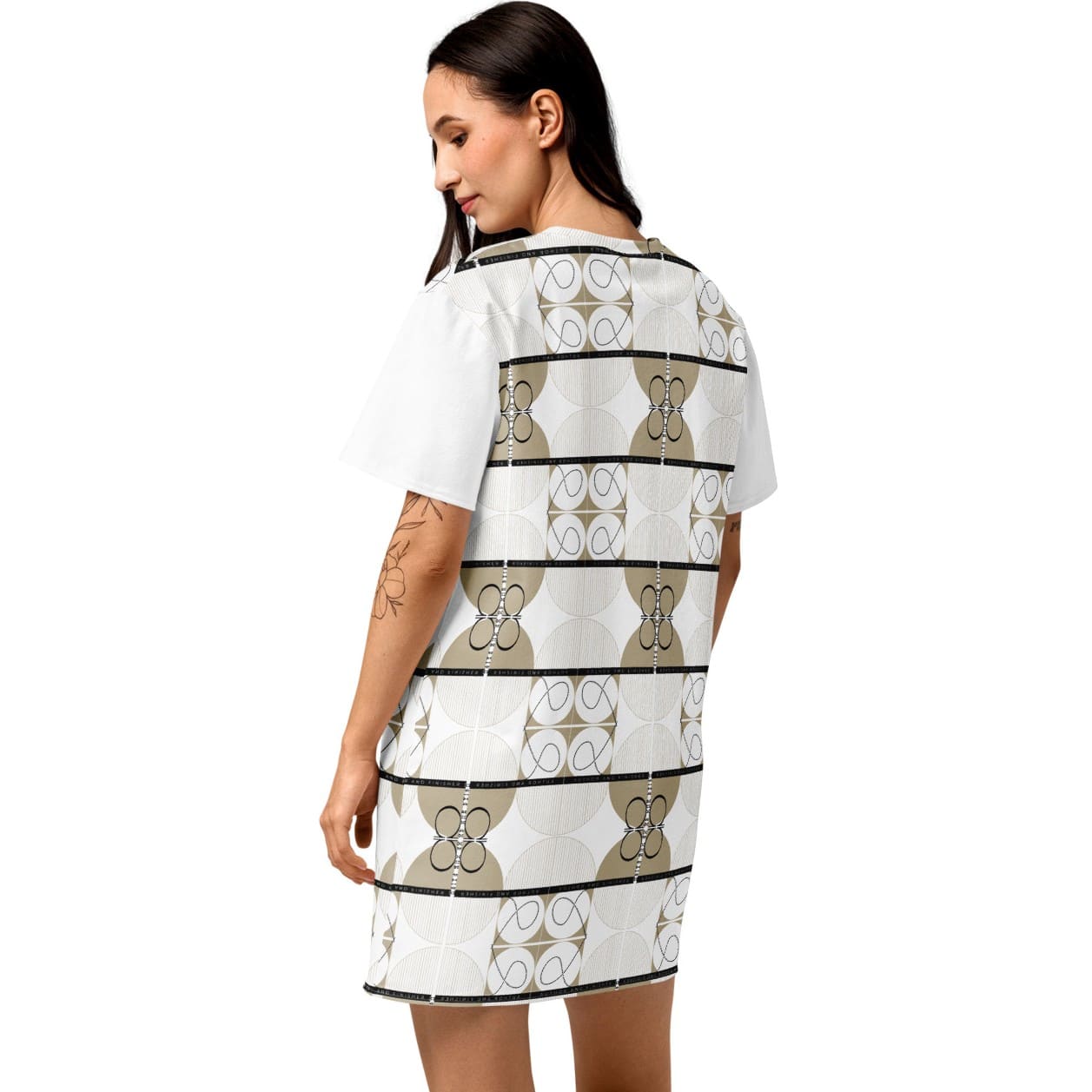 Woman wearing a patterned dress on a white background