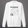 White faith sweatshirt with black and gray line art graphic design featuring text and elements such as a road with a compass pointing to the cross