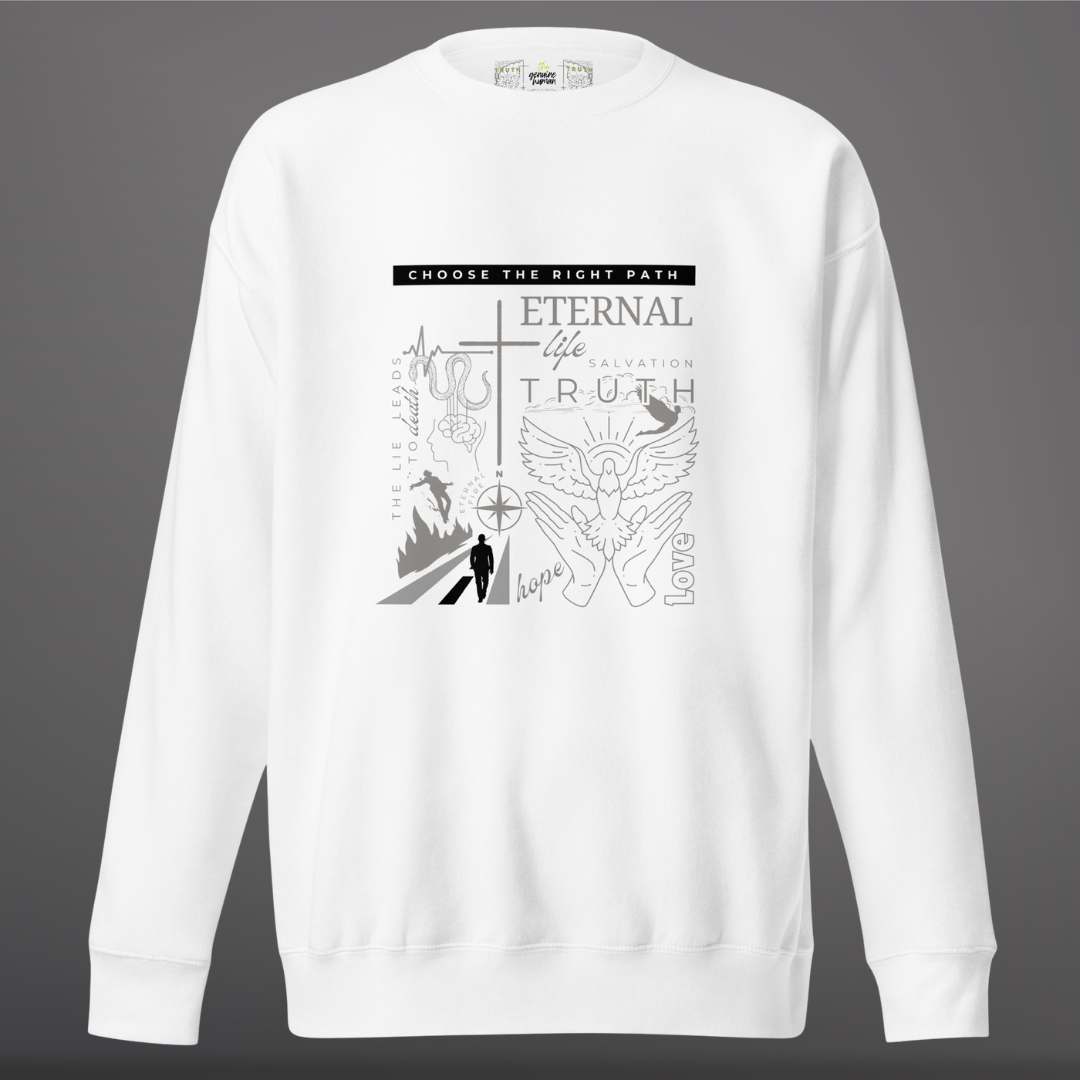 White sweatshirt with black and gray graphic design on a dark gray background