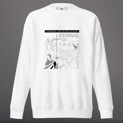 White faith sweatshirt with black and gray line art graphic design featuring text and elements such as a road with a compass pointing to the cross