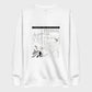 White faith sweatshirt with black and gray line art graphic design featuring text and elements such as a road with a compass pointing to the cross