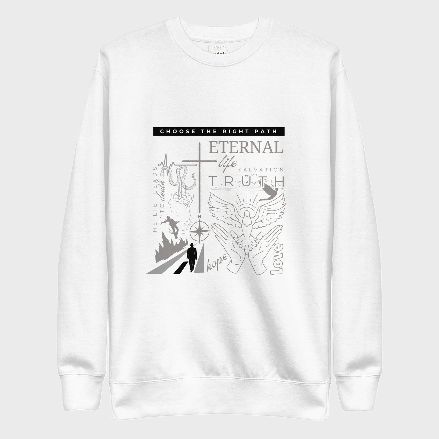 White faith sweatshirt with black and gray line art graphic design featuring text and elements such as a road with a compass pointing to the cross