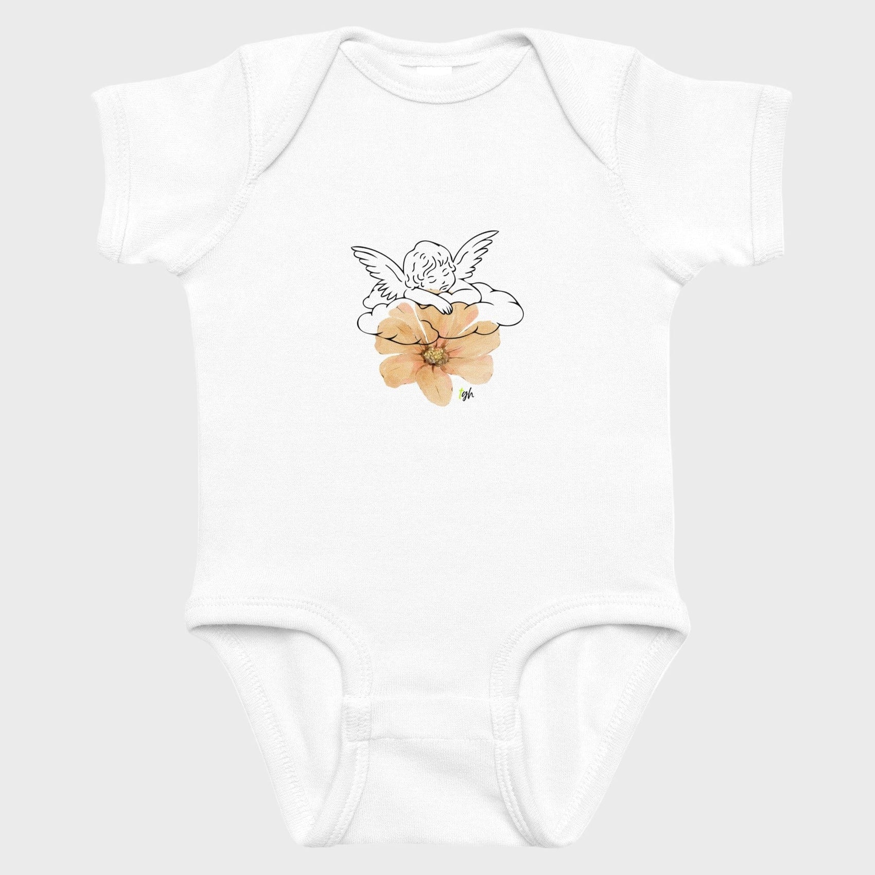 White baby onesie with an angel and flower design on a white background