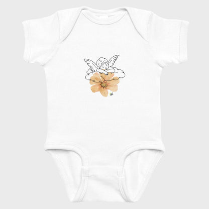 White baby onesie with an angel and flower design on a white background