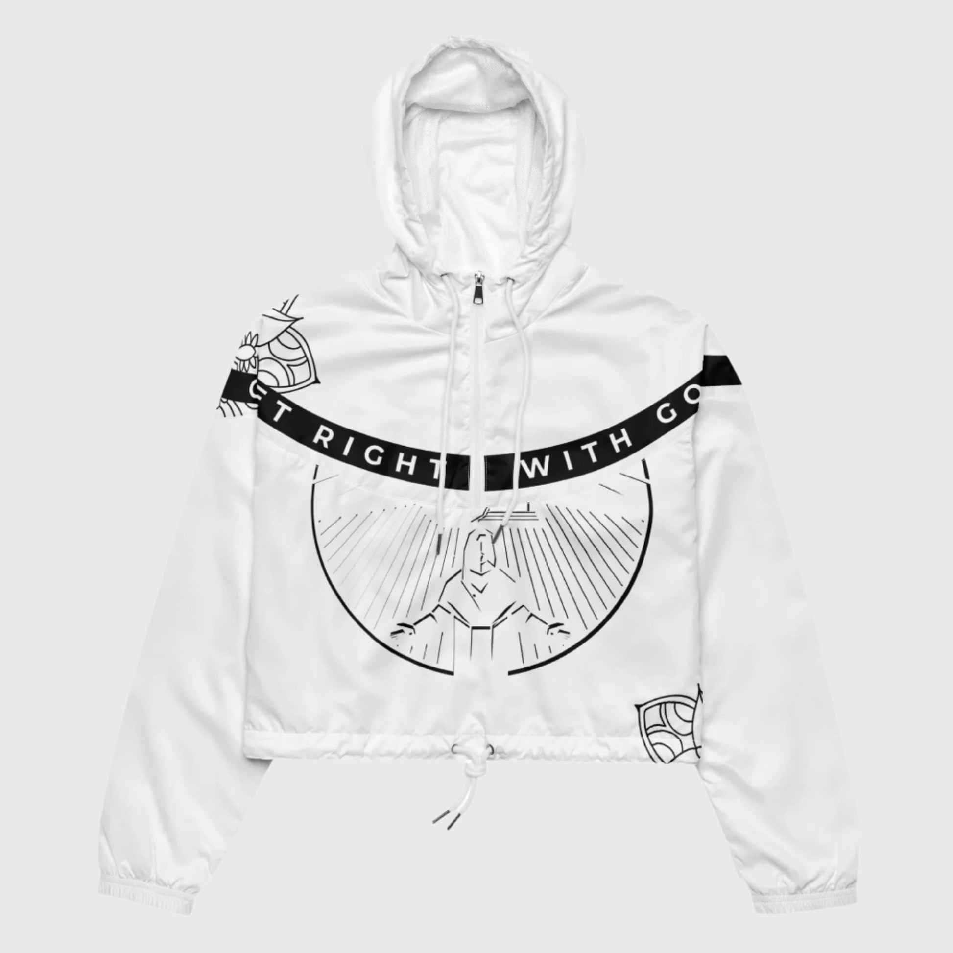 White faith windbreaker jacket with black graphic design on a white background_product mockup