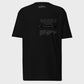 Black t-shirt with text and design on a white background