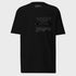 Black t-shirt with text and design on a white background