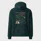 Dark green hoodie with a detailed graphic on the back against a white background