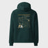 Dark green hoodie with a detailed graphic on the back against a white background