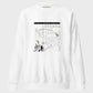 White sweatshirt with black graphic design on a white background