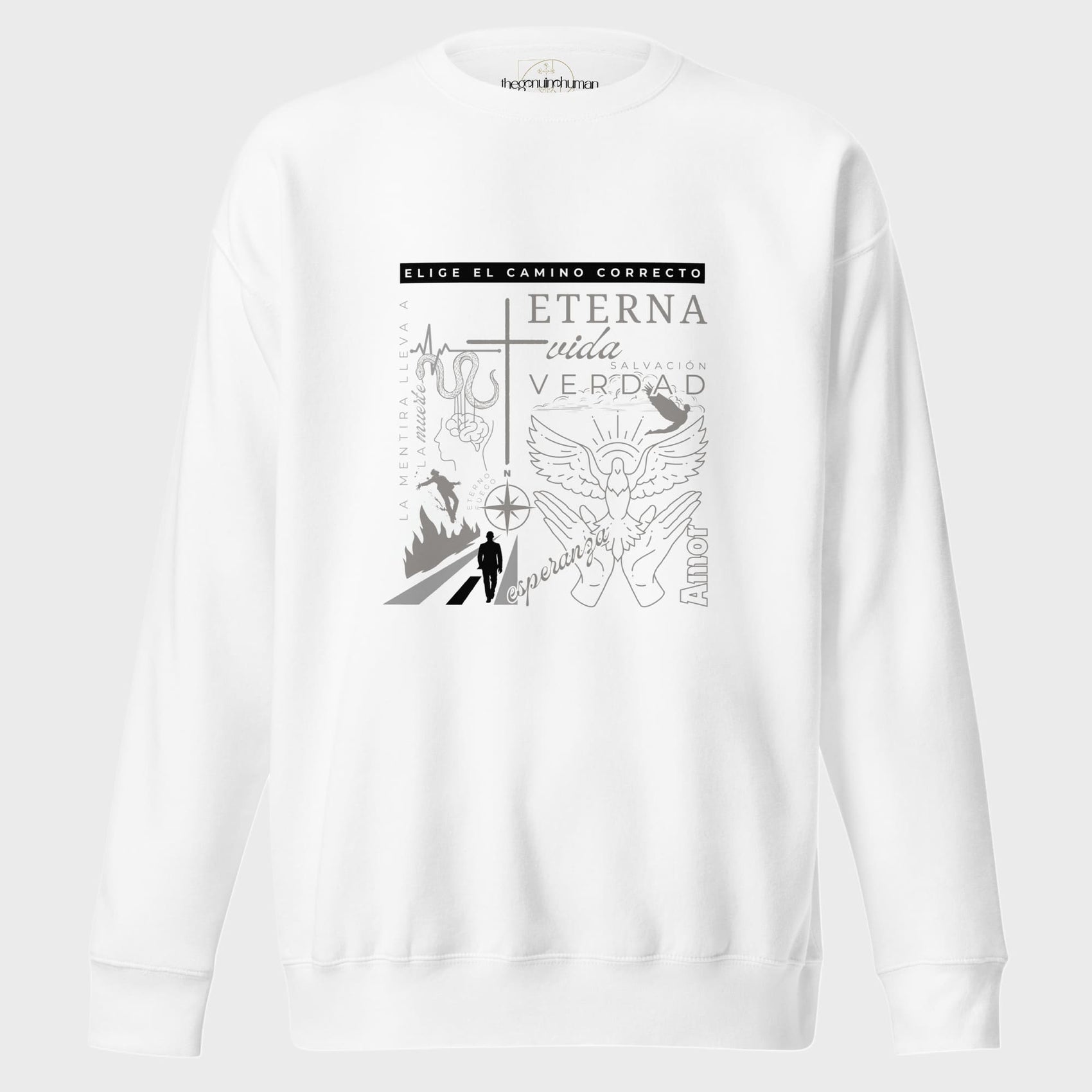 White sweatshirt with black graphic design on a white background