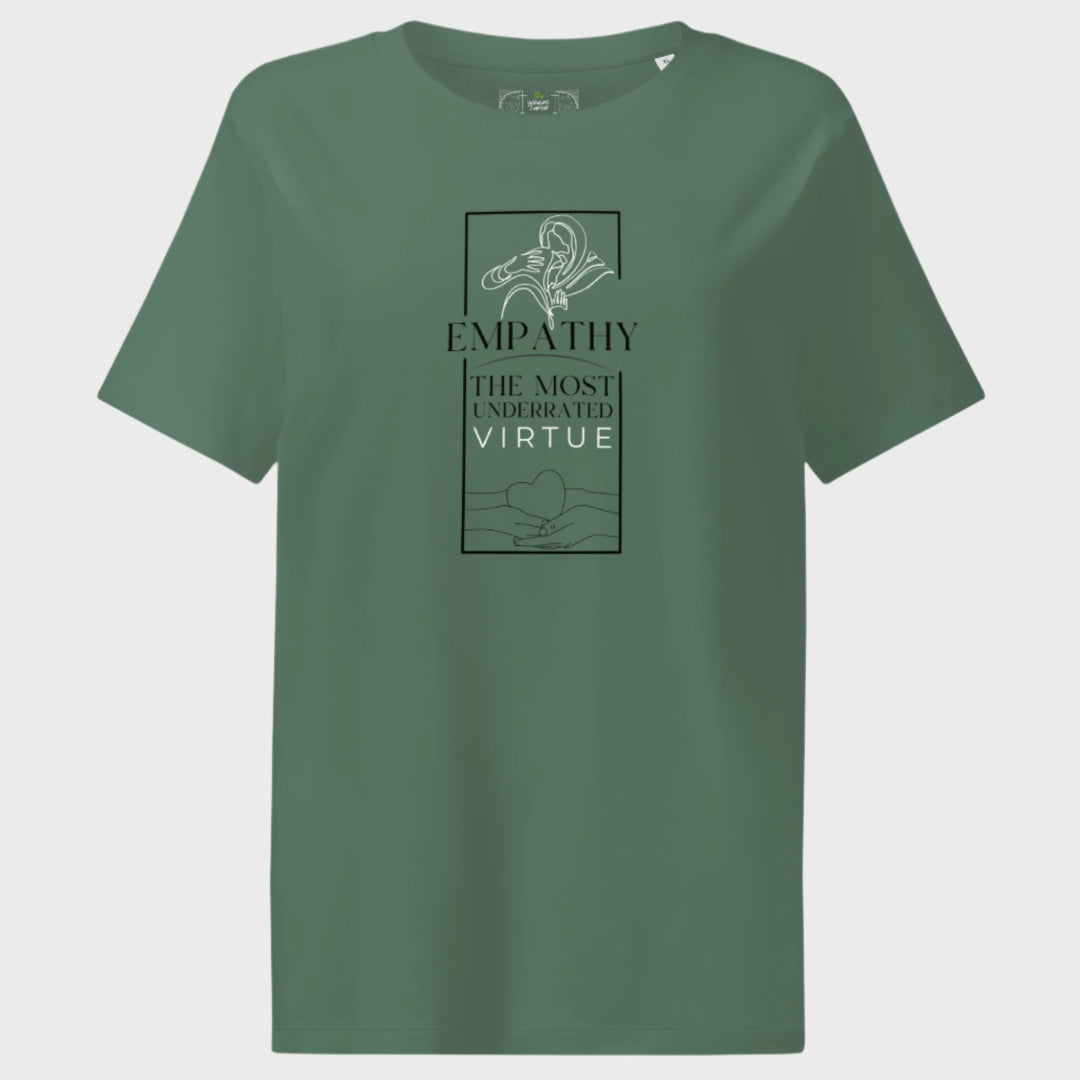 Green t-shirt with empathy graphic and text on a white background