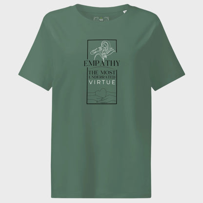 Green t-shirt with empathy graphic and text on a white background