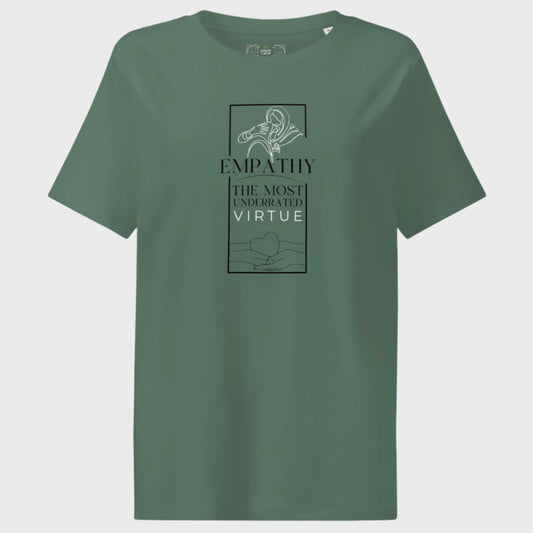 Green t-shirt with empathy graphic and text on a white background