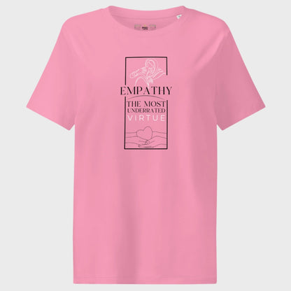 Pink t-shirt with empathy graphic and text on a light gray background