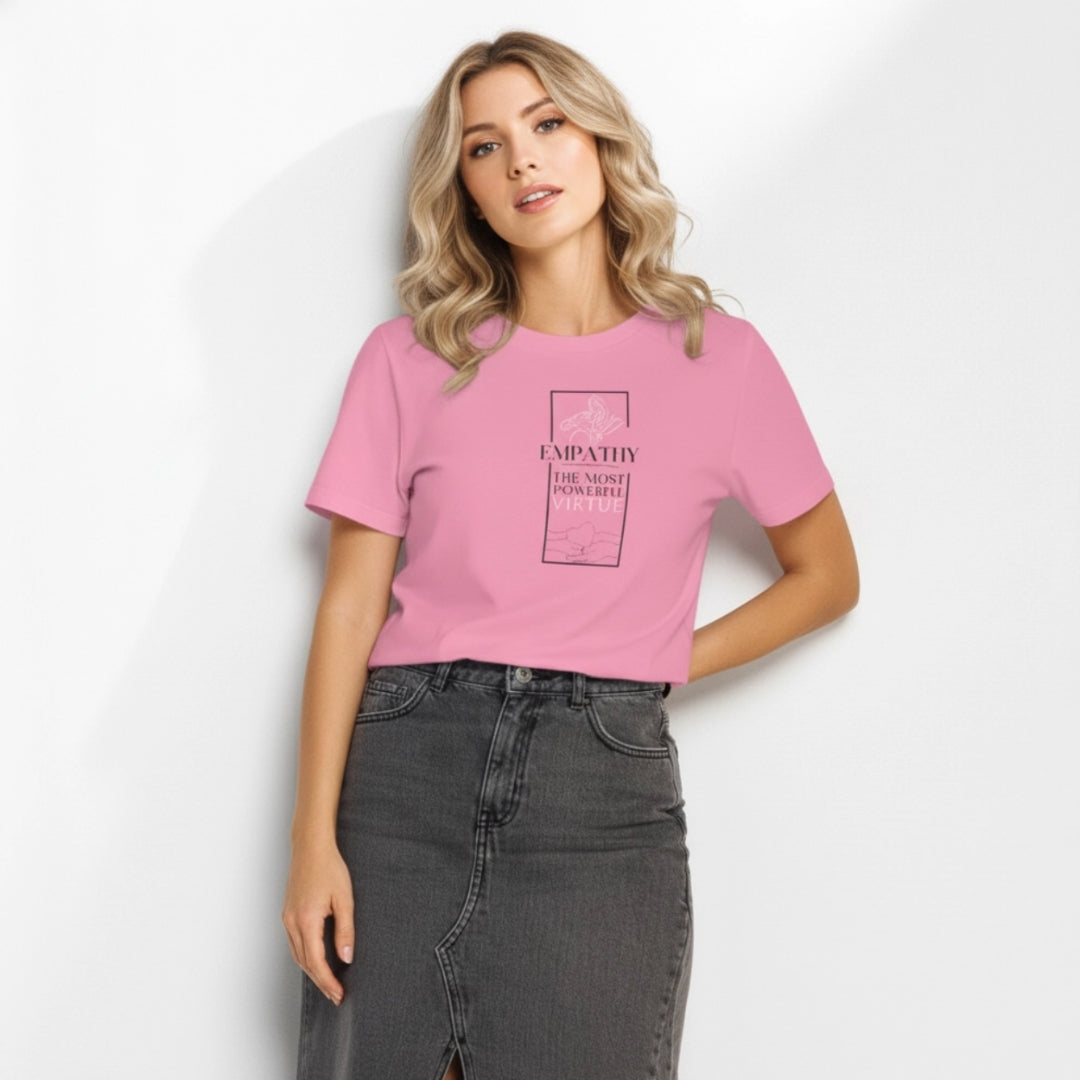 Woman wearing a pink t-shirt with text on a white background