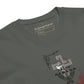 Gray t-shirt with graphic design and brand logo on a white background