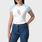 Person wearing a white and blue baseball shirt with a graphic design, paired with blue jeans on a plain background