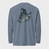 Blue long-sleeve shirt with a graphic design on the back against a light gray background