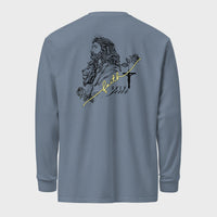 Blue long-sleeve shirt with a graphic design on the back against a light gray background