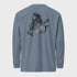 Blue long-sleeve shirt with a graphic design on the back against a light gray background