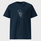 Navy blue t-shirt with a graphic design on a light gray background
