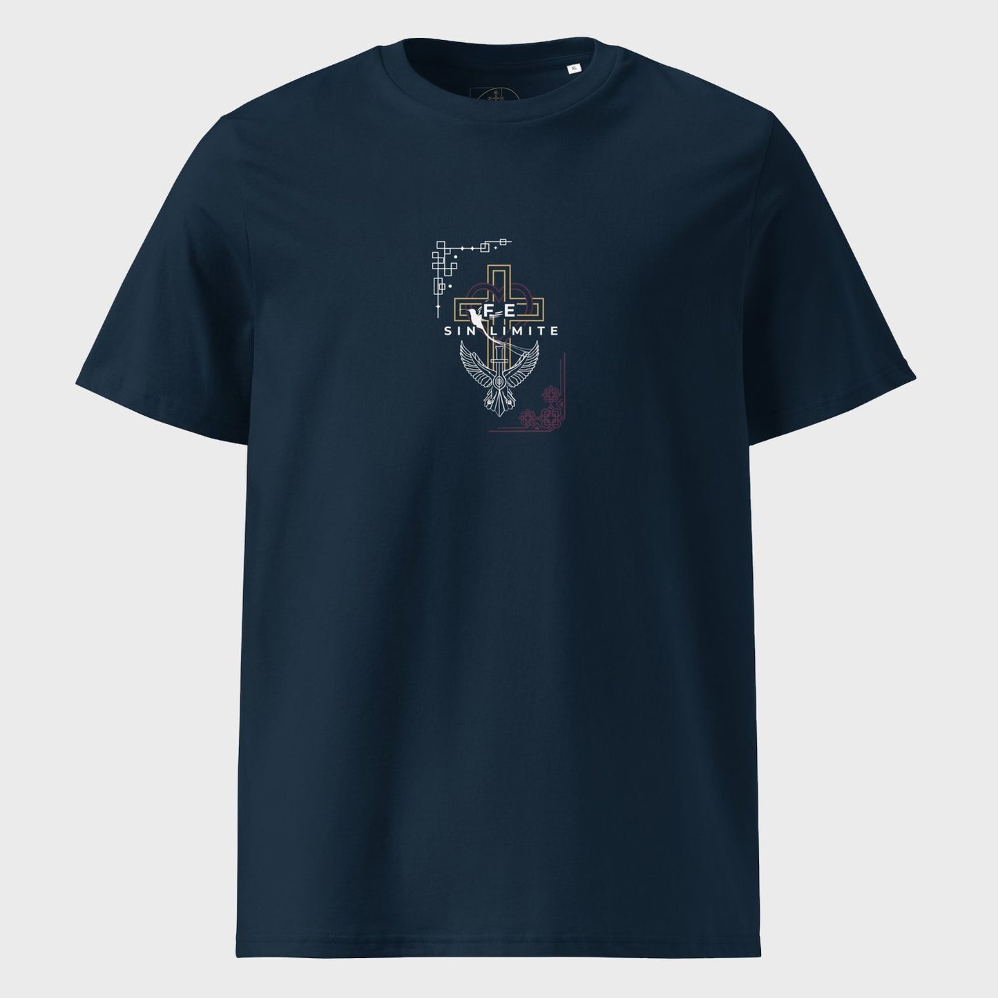 Navy blue t-shirt with a graphic design on a light gray background