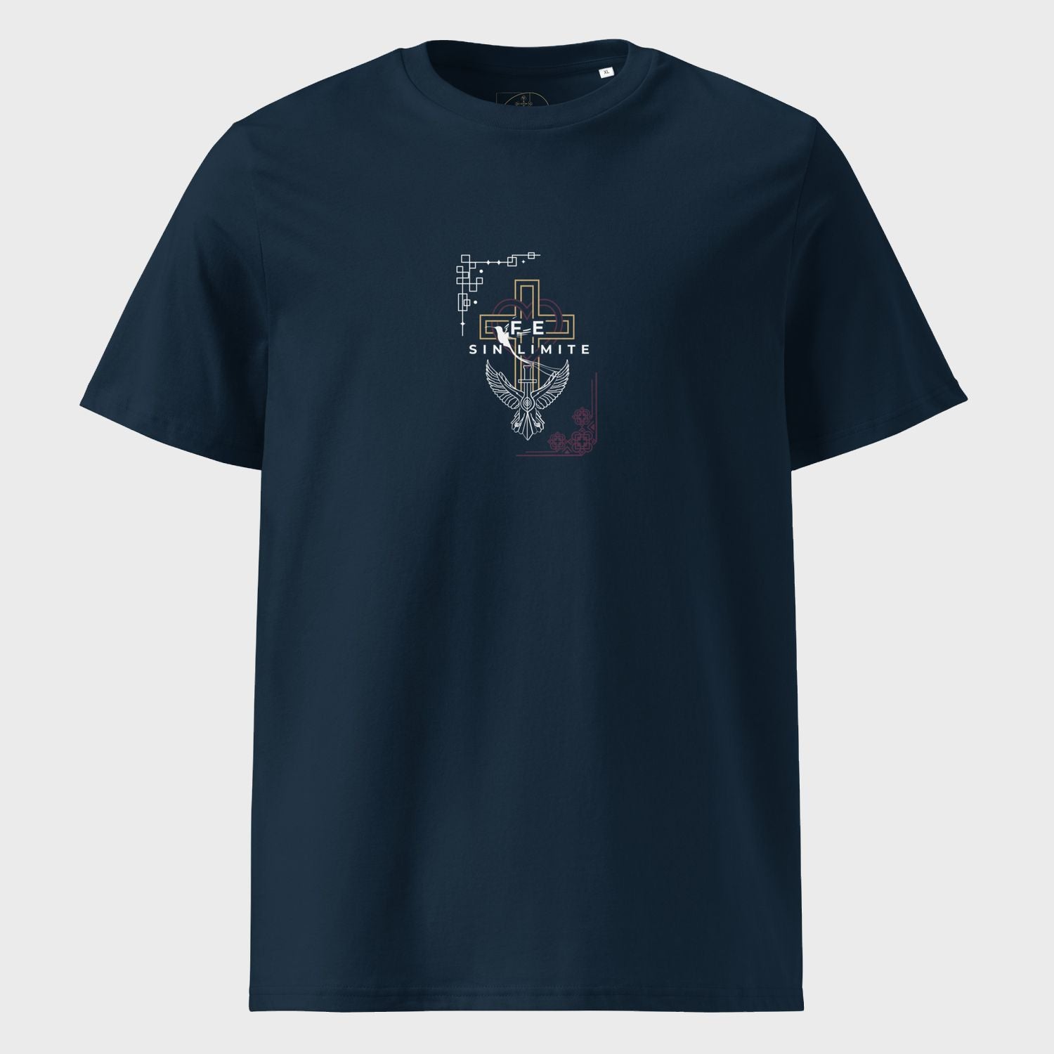 Navy blue t-shirt with a graphic design on a light gray background
