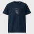 Navy blue t-shirt with a graphic design on a light gray background