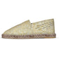 Yellow espadrille shoe with text on a white background