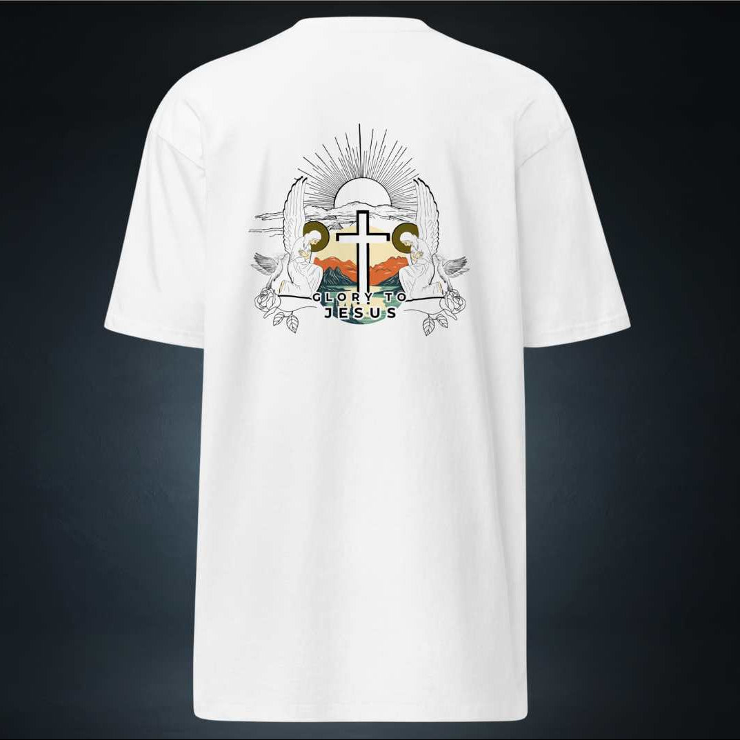 White Christian tshirt with graphic design and text Glory to Jesus