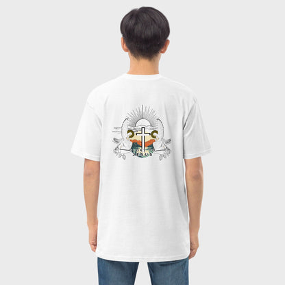 Man wearing white Christian tshirt with graphic design featuring angels and letters Glory to Jesus visible from behind