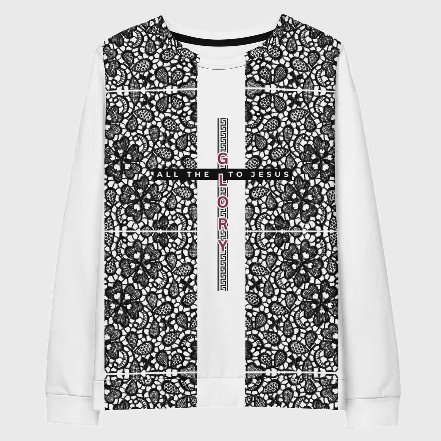 Sweatshirt with lace pattern and GLORY TO JESUS letters on cross
