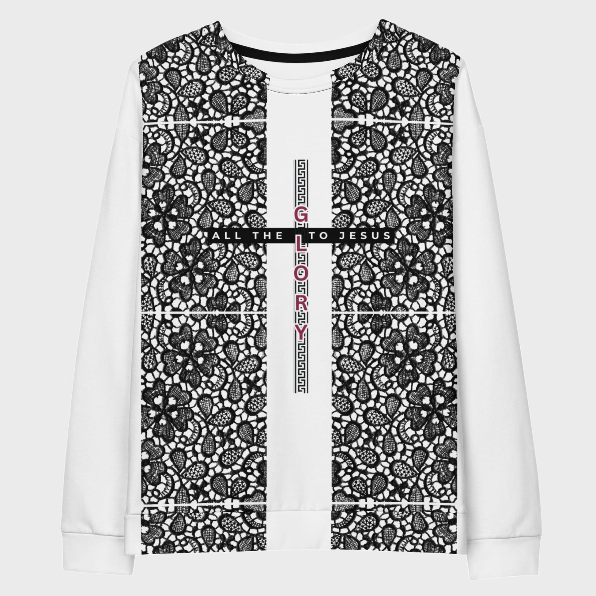 Sweatshirt with lace pattern and GLORY TO JESUS letters on cross