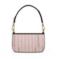 A small shoulder bag with a pink and white vertical striped pattern featuring the text 'GLORY TO JESUS' and 'JESUS IS MY GOD'. The bag has black leather trim and a black shoulder strap with gold-tone hardware.