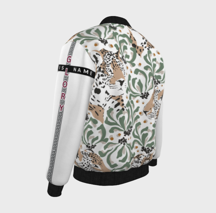 Jacket with leopard print and floral patterns on a white background