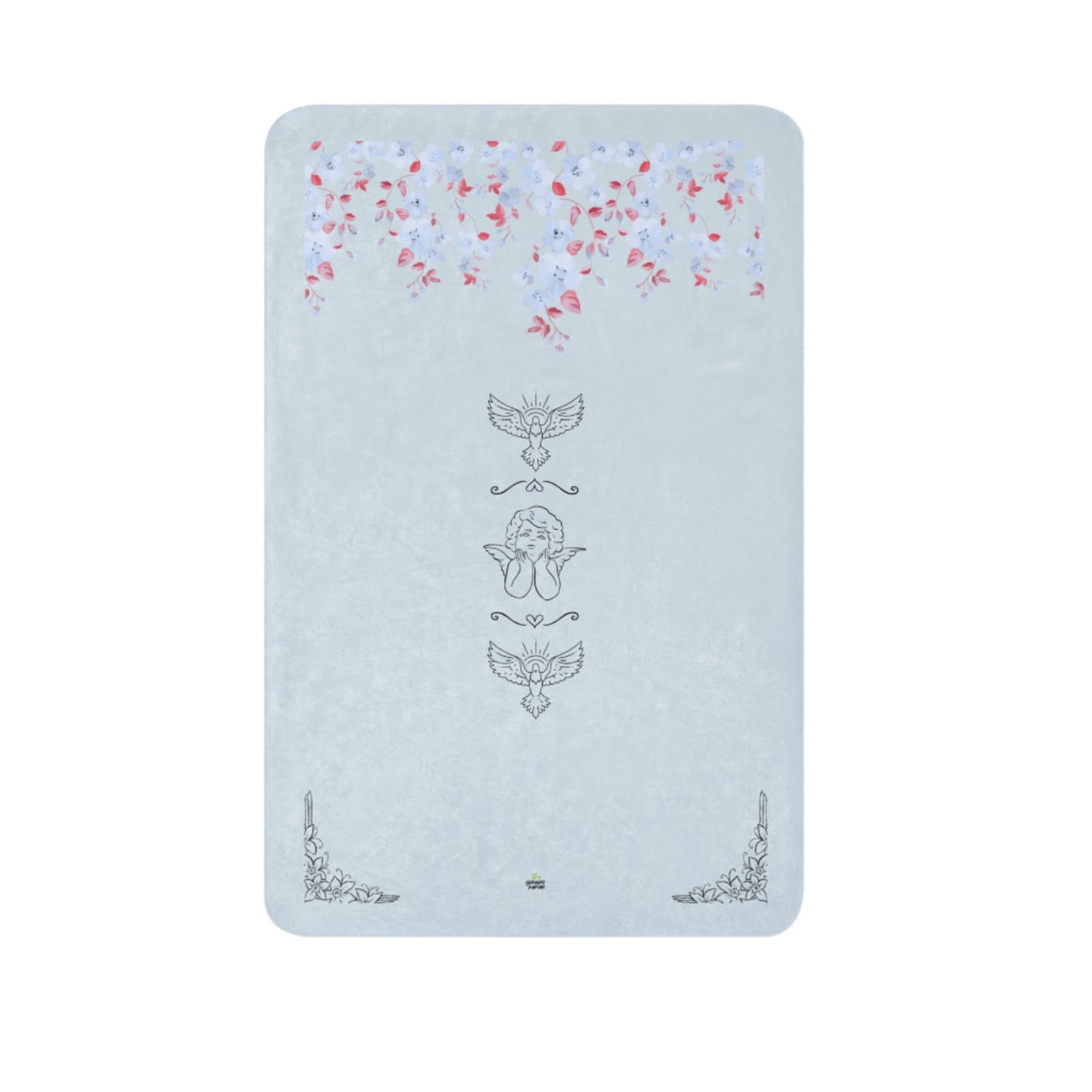 Light blue blanket with flowers at the top and angelic and dove elements at the center