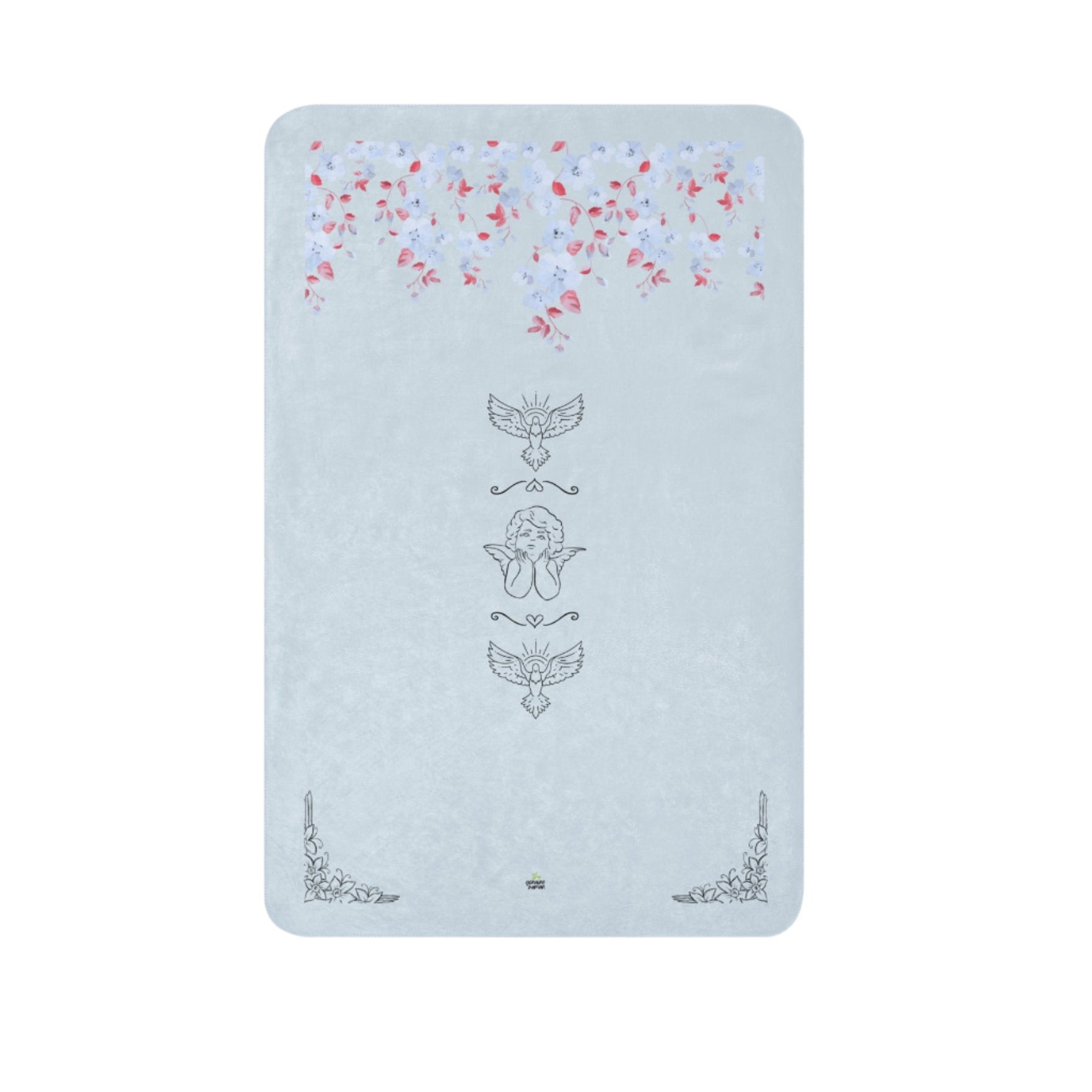 Light blue blanket with flowers at the top and angelic and dove elements at the center